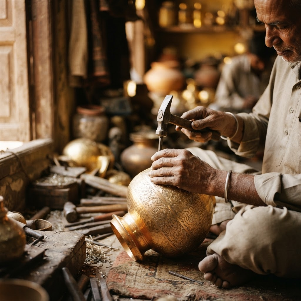 A master artisan engraving a brass temple vessel by hand