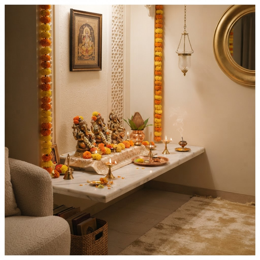 A serene home puja mandir styled with brass idols and lit diyas